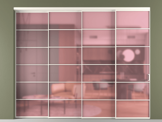 Алюминевая перегородка vn4_04_ Алюминий пудровый белый Сатинированное розовое стекло, триплекс, 6мм. Цвет Алюминий пудровый белый. Материал Алюминий в эмали. Коллекция Перегородка Formato внутри проёма 4 створки с синхронным механизмом. Картинка.