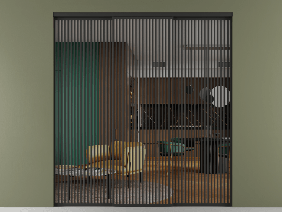 Алюминевая перегородка vn2_06 Crystalvision ЧЕР. Цвет Алюминий Черный. Материал Алюминий. Коллекция Перегородка Formato внутри проёма 3 створки. Картинка.