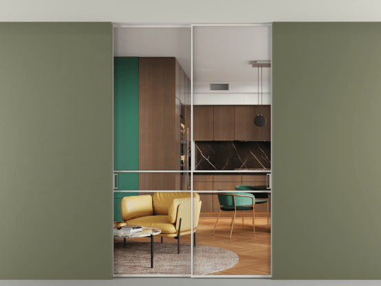 Алюминевая перегородка p2_02 Crystalvision БЕЛ. Цвет Алюминий Белый. Материал Алюминий. Коллекция Перегородка Formato внутри проёма скрытое крепление в потолок 2 створки. Картинка.