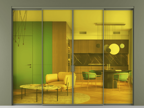 Алюминевая перегородка АЛПР 040.01_АОТ_ПРОЗ ЖЕЛ_new. Цвет Алюминий оливковый тёмный. Материал Алюминий в эмали. Коллекция Перегородка Формато внутри проёма 4 створки. Картинка.