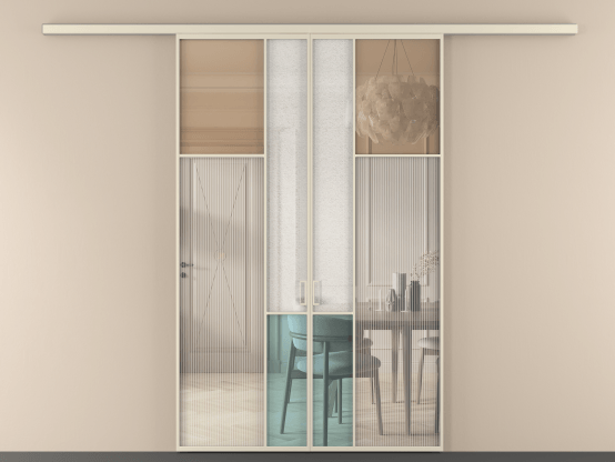 Алюминевая перегородка vd2_7 Алюминий бежево-серый Четыре стекла. Цвет Алюминий бежево-серый. Материал Алюминий в эмали. Коллекция Перегородка Mosaic вдоль стены 2 створки. Картинка.